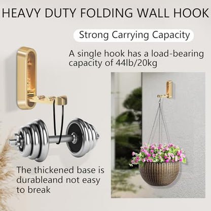 4PCS Foldable Wall Hooks, Heavy Duty Zinc Alloy Flip-Down Coat Hooks with Screw Mount, Holds up to 44 Lbs, Space-Saving Folding Wall Hangers for Bathroom, Closet, Bedroom, Entryway (Gold) - color: Gold, size: 4 Hooks