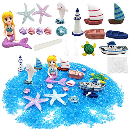21 Pieces Miniature Garden Accessories, Blue Sand and Miniature Mermaid Dolphin Boat Steamship Figurines Decorations, Micro Beach Ocean Seaside Scene DIY Decor Kit