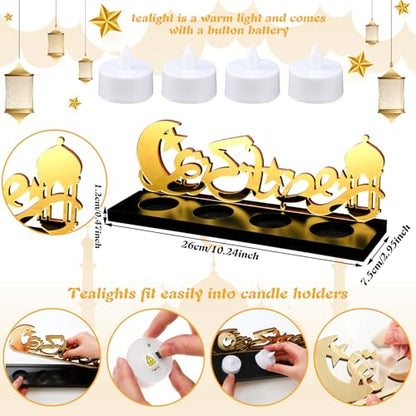 Rossesay Islamic Decorations Islamic Candle Holder with LED Tea Candles Wooden Acrylic Islamic Tabletop Decors Ramadan Kareem Eid Mubarak Sign Muslim Gifts for Home Table Party Decorations(Novelty)