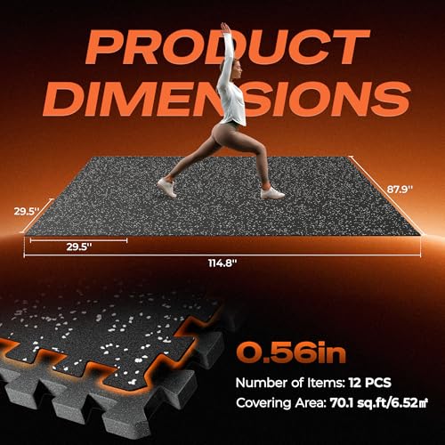 SUPERJARE 30" x 30" Larger Rubber Top Exercise Equipment Mats, 0.56" Thick 12PCS 75 Sq Ft High-Density EVA Foam Interlocking Gym Flooring, Big Workout Mat for Home Gym, Floor Protection, Black/Grey - size: 12 Tiles (75 Sq Ft)