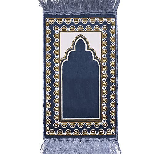 Modefa Islamic Turkish Velvet Prayer Rug Small Child Toddler Janamaz Dotted Border Plain (Blue/Gold) - color: Plain Blue/Gold
