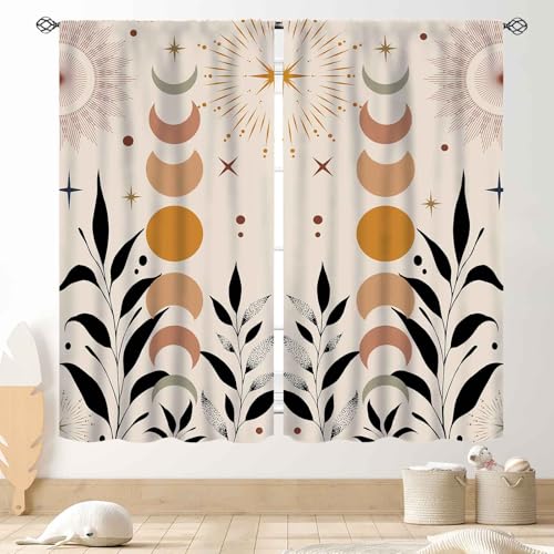 Wild Floral Moon Curtains, Boho Vintage Moon Phase Botanical Mid Century Moonlit Plants Aesthetic Spring Flower Blackout Window Drapes Treatments for Bedroom Living Room Kitchen, 42"x45" Inch - color: Moonlit-08, size: 21"W x 45"L (Pack of 2)