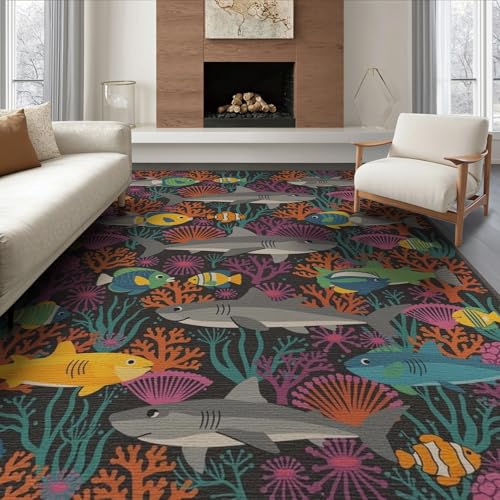 8'x10' Washable Graphic Shark Large Rug, Black Non-Shedding Pet Friendly Carpet Foldable Easy Care Mat for King Size Bedroom, Master Suite, Under Bed | Ref:2068058 - color: Black/Pattern 23, size: 8' x 10' (Rectangular)