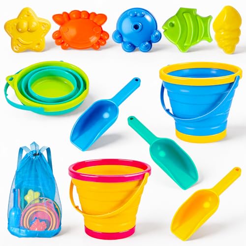 MGparty Collapsible Beach Toys Set for Kids, 3 Pack Foldable Sand Buckets with Shovels Molds Mesh Bag, Portable Travel Sandbox Toys for Toddlers Kids Age 3-10