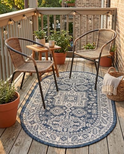Rugs.com - Outdoor Aztec Rug – 3' 1 x 5' 3 Oval Blue Indoor/Outdoor Rug – Durable Flatweave for Patios, Decks, and Porches - color: Blue, size: 3' x 5' (Oval)