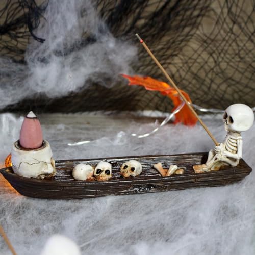 Halloween Incense Burner, backflow Incense Burner,Skeleton Ship Incense Holder,Hand-Carved Decorations,Cool Room Decorations, Awesome and Ideal Gifts, Brown (1pack, 8.5inch) - size: 8.5 inches