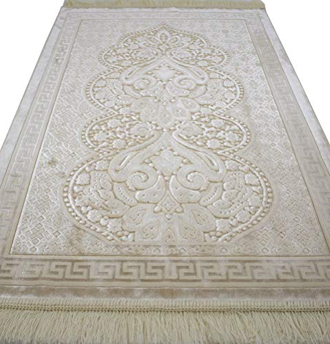 Modefa Luxury Velvet Prayer Rug with Prayer Beads | Soft Elegant Muslim Turkish Janamaz Sajada Carpet for Men and Women | Plain Solid Prayer Mat Ramadan Eid Gift - Paisley (Golden Ivory) - color: Golden Ivory