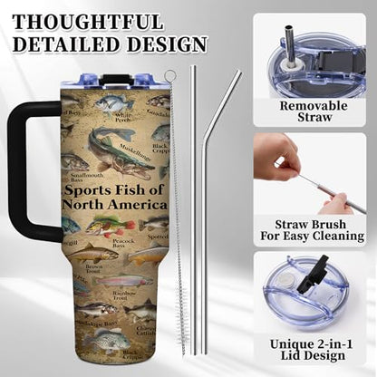 Fish Gifts for Dad, 40oz Tumbler with Handle and Straw, Fishing Gifts for Men, Birthday Gifts for Fisherman, Party Supplies, Fishing Coffee Mug, Stainless Steel Cup - color: Fish-BM