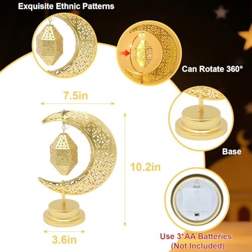 Lifnatty Ramadan Moon Lamp Decorations, Crescent Moon with Ramadan Lantern, Rotating Ramadan Table Lamp, Ramadan Decorations for Home, Eid Mubarak Decorations, Battery Operated Metal Eid Gifts