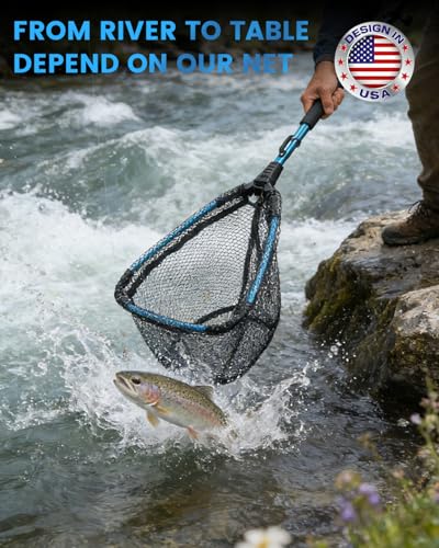 Telescoping Fishing Net with Handle, Extendable & Foldable Fishing Landing Net with Telescopic Pole for Kayak, Bass, Trout in Pond Lake River, Durable Nylon Mesh - Fishing Gear Gift for Men Women
