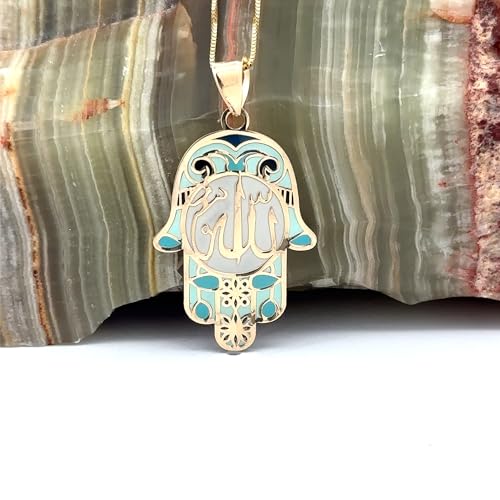 14K Solid Gold Pendant Necklace Hand-Painted Abstract Hamsa Hand and Allah Calligraphy (Evil Eye) - Gift for Men, Women, Daughter, Son, Unisex Adults, Kids - color: Light Green Fatima Hand w/ Allah Calligraphy, style: Pendant w/ Cuban Link 16"
