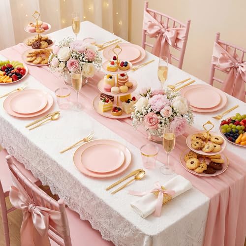 MirthMood 210PCS Pink Plastic Plates with Gold Rim – Plastic Plates Set Includes 30 Dinner,30 Dessert Plate,30 Cup&30 Napkins 90 Gold Silverware for Wedding & Birthday & Party - color: Pink, size: 210