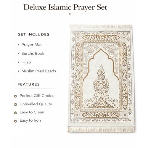 SAJADAH Muslim Prayer Rug Set - 4 in One Islamic Gifts Set, Prayer Mat, Prayer Beads, Hijab, Surahs Book,Eid Gifts - color: Light Brown