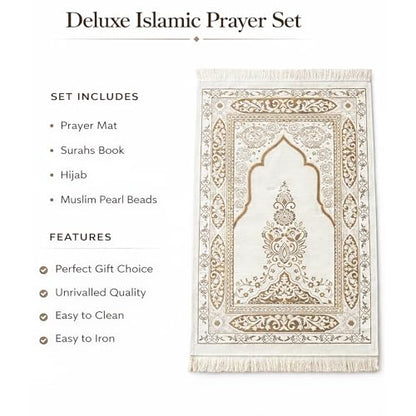 SAJADAH Muslim Prayer Rug Set - 4 in One Islamic Gifts Set, Prayer Mat, Prayer Beads, Hijab, Surahs Book,Eid Gifts - color: Light Brown