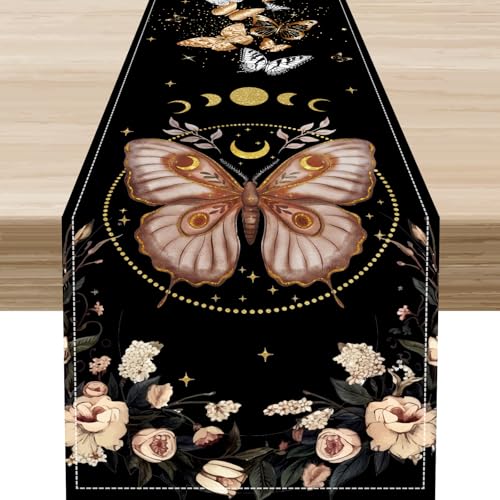 Moth Moon Table Runner, Boho Gothic Sun Moon Phase Wildflower Mystical Witchy Farmhouse Decor for Family Kitchen Outdoor Farmhouse Holiday Party Table Decorations 13x36 inch - color: Moth-3, size: 13x36" Table Runner
