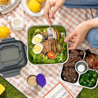 Salad Container for Lunch Stainless Steeel Salad Container 60-oz Salad Bowl with Lid 4-Compartment Bento-Style Tray, 1.5-oz Salad Dressing Container,Dishwasher, Microwave, and Oven Safe (Gray Lid) - color: Gray