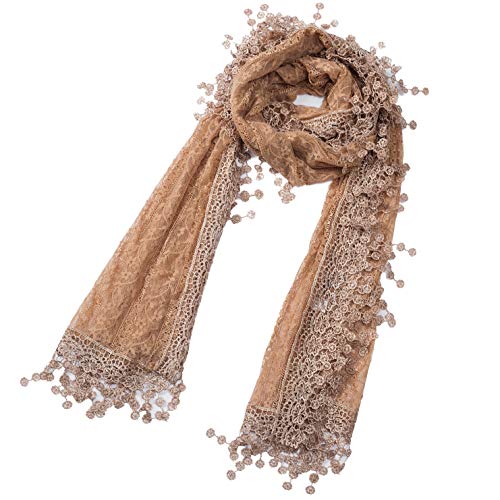 Cindy & Wendy Lightweight Soft Leaf Lace Fringe Scarf Bridal Shawl for Women - color: Brown Floral With Fringes