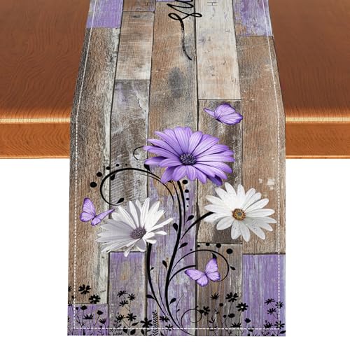 Farmhouse Daisy Table Runner, Retro Floral Rustic Seasonal Boho Daisy Flower Vintage Wooden Plank Country Kitchen Dining Table Scarf for Kitchen Living Room Home Party Decor 13"x36" - color: Tr-daisy11, size: 13x36" Table Runner