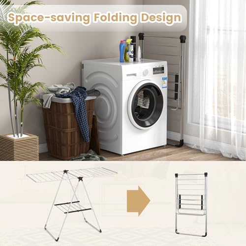 Tangkula Collapsible Clothes Drying Rack, 2-Level Folding Aluminum Drying Rack w/Height-Adjustable Wings, Bottom Shoe Rack, Space-Saving Laundry Drying Rack for Indoor & Outdoor Use, Silver