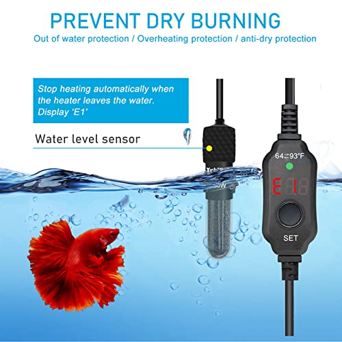 YukiHalu Submersible Aquarium Heater 100W 150W 200W, Adjustable Mini Fish Tank Heater, Small Size, Overheating Protection, External Controller, Used for 0.5-40 Gallons(100W) - size: 100 Watts