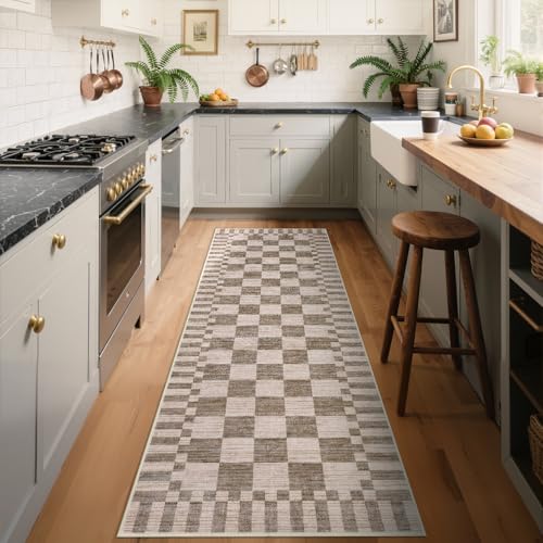 GarveeHome 2.5x8 Checkered Kitchen Runner Rug for Hallway Non Slip Washable - color: Brown, size: 2.5' x 8' (Rectangular)