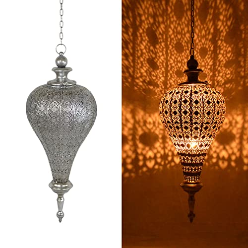 Westcharm Extra Large 27”H Antique Silver Oriental Moroccan Ramadan Lantern Metal Hanging Pendant Light Candle Lantern Lamp Indoor Outdoor Decorative Décor - 42" H with Chain - size: 1 Large