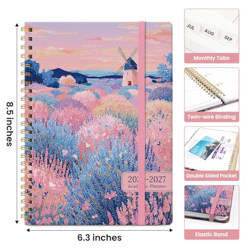 Planner 2026–2027, Academic Monthly Weekly Spiral Calendar, July 2026 – June 2027, Hardcover Agenda Notebook with Tabs, 6.3" x 8.5", Perfect for Students, Teachers, School & Daily Planning - Windmill Fields - color: O-Windmill Fields, size: (6.3"x8.5")a5