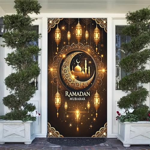 Ramadan Mubarak 71x35 Inch Door Cover Banner Crescent Moon Lantern MosqueDesign for Eid Celebration lslamic Festival Indoor Outdoor Decoration - color: Style 4