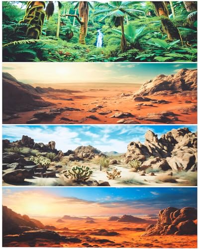 4 Pcs 71 x 18 Inch Reptile Habitat Background with Nano Glue Gobi Sun Cactus Stone and Green Tree Fern Stream Terrarium Background Polyester Durable Aquarium Accessories - color: Style1, size: 71 x 18 Inch