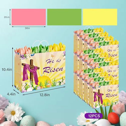 CMSSHUAI 12 Pcs Easter Religious Gift Bags with Tissue Paper, 13" Large Size He Is Risen Bags with Handles for Easter Gift Wrap Spring Egg Hunt - color: jesus 12