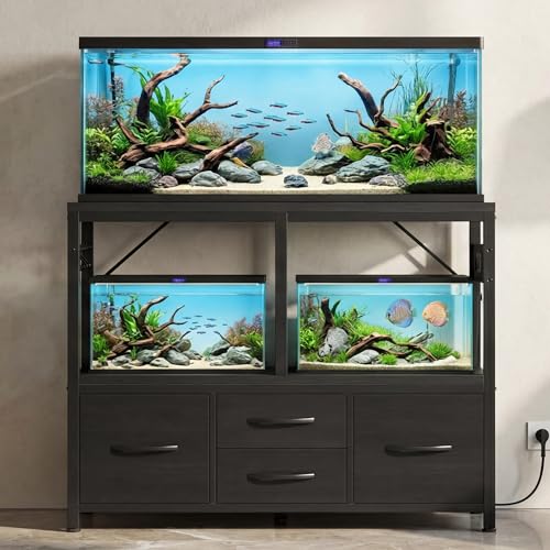 Heybly 30-40 Gallon Fish Tank Stand, Aquarium Stand with Drawer, Power Outlet, Heavy Duty Metal Frame, for Fish Tank, Turtle & Reptile Terrarium, 36.2" L × 18.1" Top, 660lbs (Top)+330lbs(Mid), Black HAS004BK - color: Black, size: 40 gal