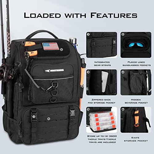 KastKing KarryAll Fishing Backpack with Rod Holder 4 Tackle Boxes, 40/26L | Tackle Bag Storage Fishing Gear and Equipment, Water‑Resistant Material, Fishing Gift for Men - color: A: Large (40 L) - Black