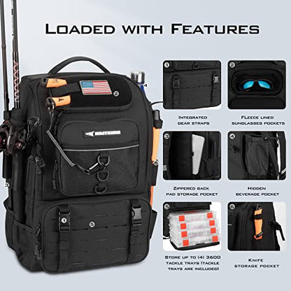 KastKing KarryAll Fishing Backpack with Rod Holder 4 Tackle Boxes, 40/26L | Tackle Bag Storage Fishing Gear and Equipment, Water‑Resistant Material, Fishing Gift for Men - color: A: Large (40 L) - Black