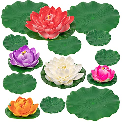 14Pcs Artificial Lily Pads and Artificial Lotus Flower | 9Pcs Fake Lily Pads, 5pcs Artificial Foam Lotus Flower for Pool Garden Koi Fish Pond Aquarium Wedding Decor - size: 11 inches, 6 inches