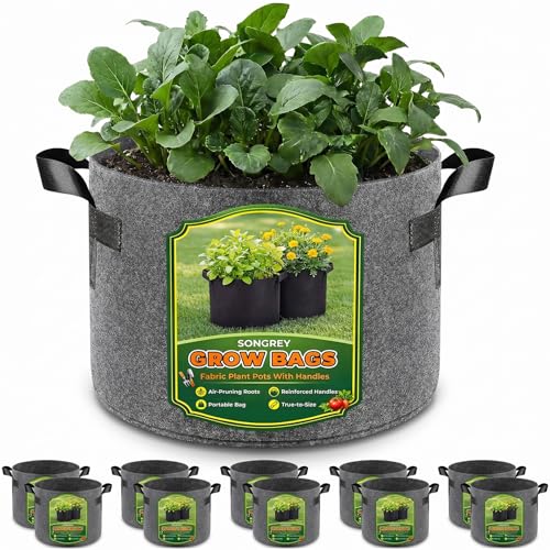 Songrey 10-Pack 5 Gallon Grow Bags | Thickened Nonwoven Fabric Pots, Outdoor Heavy Duty Garden Planters, Potato Grow Bags with Handles - color: Gray, size: 5 Gallons