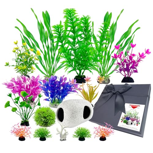 Aquarium Decorations Set, 16Pieces Artificial Plastic Plants & Smooth Fish Cave Rock, Non-Damaging Ornaments for Fish Tank with Gift Box Packaging, Goldfish & Betta Fish Tank Accessories