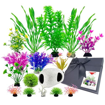 Aquarium Decorations Set, 16Pieces Artificial Plastic Plants & Smooth Fish Cave Rock, Non-Damaging Ornaments for Fish Tank with Gift Box Packaging, Goldfish & Betta Fish Tank Accessories