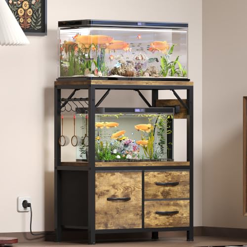 Heybly 5-10 Gallon Fish Tank Stand, Aquarium Stand with Drawer, Power Outlet, Heavy Duty Metal Frame, for Fish Tank, Turtle & Reptile Terrarium, 20.5" × 10.2" Top, 200lbs, Rustic Brown HAS002SSR-1 - color: Rustic Brown, size: 5-10 gal