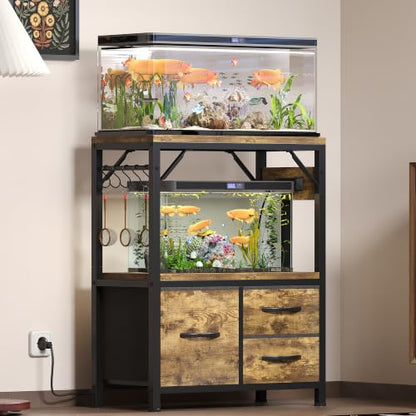 Heybly 5-10 Gallon Fish Tank Stand, Aquarium Stand with Drawer, Power Outlet, Heavy Duty Metal Frame, for Fish Tank, Turtle & Reptile Terrarium, 20.5" × 10.2" Top, 200lbs, Rustic Brown HAS002SSR-1 - color: Rustic Brown, size: 5-10 gal