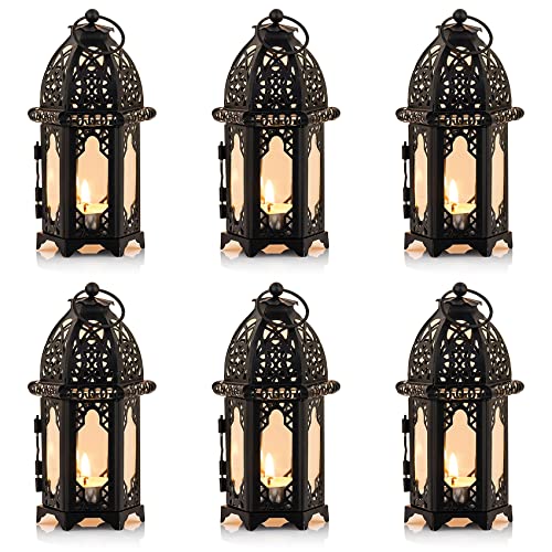 NUPTIO 6 Pcs Hanging Candle Holder Lantern Centerpiece Table/Hanging Glass Hexagon Moroccan Candle Lantern Holders, Black - color: Black, size: 6 Pcs Small Size