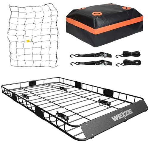 WEIZE 54" x 34" Heavy Duty Roof Rack Basket, 200LBS Universal Rooftop Cargo Basket with Waterproof Bag, Cargo Net & Tie Down Straps, Steel Luggage Holder for Car SUV Truck - size: 54" x 34" x 6"