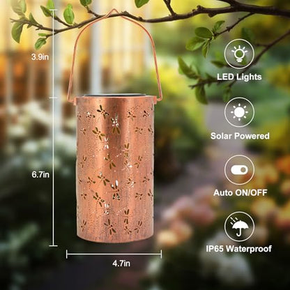 YISITEONE Dragonfly Outdoor Solar Lanterns, Garden Waterproof Metal Hanging Decor Lights for Patio Yard Pathway Lawn Front Porch, Birthday Gardening Gifts for Women Mom Grandma - style: Dragonfly