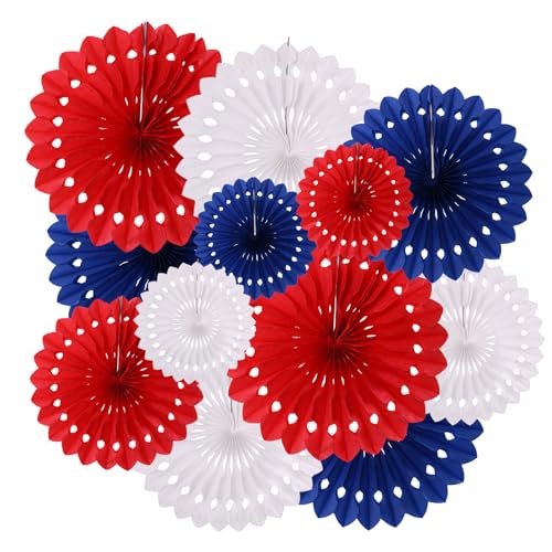 ZOOYOO Hanging Paper Fans Party Decorations,12 Pcs Red Blue White Honeycomb Round Fans,Patriotic Ceiling Decor for 4th of July, Nautical Party,Birthday,Graduations Party Backdrop - color: Red Blue and White