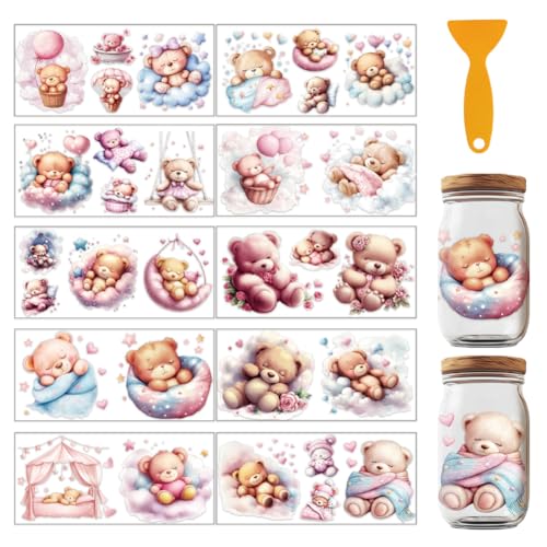 12 Pcs Bear UV DTF Cup Wraps, 4.3 x 9.4 Inch Sleeping Bear UV DTF Transfer Stickers Waterproof Rub on Transfer Decals for 16OZ Glass Bottle Vase Furniture Crafts - style: Sleeping Bear