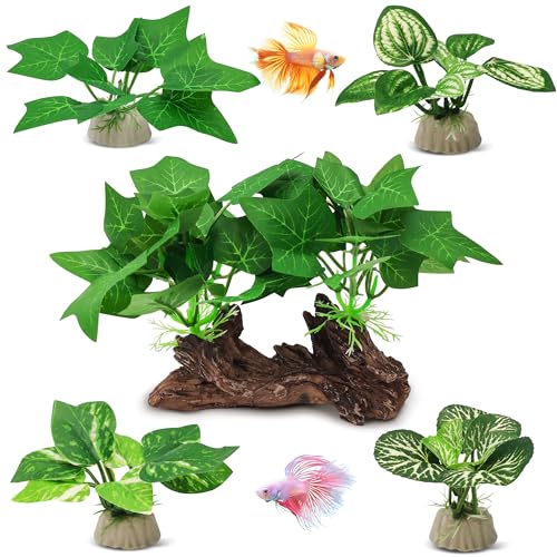 GOZILLA Silk Fish Tank Plants,Reptile Artificial Plant,Reptile Plants for Terrarium,Aquarium Decorations Accessories Set,Resin Driftwood Artificial Silk Aquarium Plant for Fish Tank.(5PCS/C-Set) - color: 5pcs/C-set