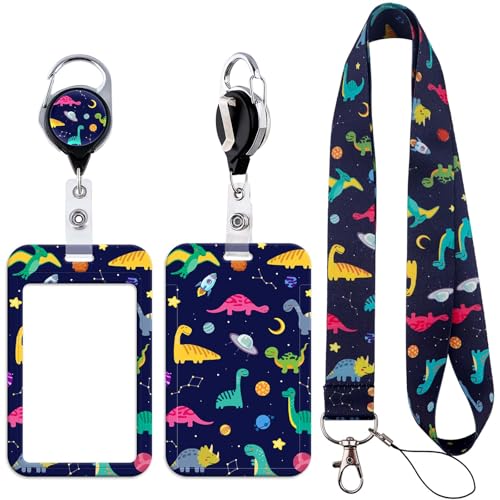 Space Dinosaur Lanyard for Kids with Retractable Badge Holder Cute Badge Reel Clip for Key Card Work ID Young Student Teacher - color: Dinosaur