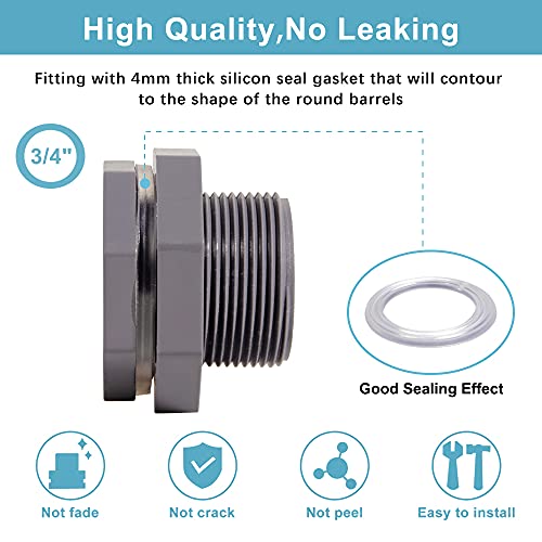 Ququyi 3/4 Inch PVC Bulkhead Water Tank Connector Adapter Fitting with Plugs Thru-Bulk Pipe Fitting for Rain Barrels, Aquariums, Ponds(Set of 1) - size: 3/4"-1pcs