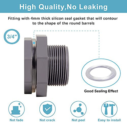 Ququyi 3/4 Inch PVC Bulkhead Water Tank Connector Adapter Fitting with Plugs Thru-Bulk Pipe Fitting for Rain Barrels, Aquariums, Ponds(Set of 1) - size: 3/4"-1pcs