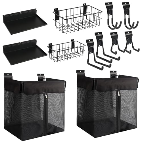 ZORUNNA Slatwall Baskets with Zipper, 6PCS Heavy-Duty Slatwall Hooks, 2PCS Metal Slat Wall Basket and 2PCS Slatwall Shelves Accessories, Wall Storage Organizer for Garage, Sports Gear, Toy, Laundry. - size: 16x15x11'+ 2*Metal Basket+ 2*Shelves