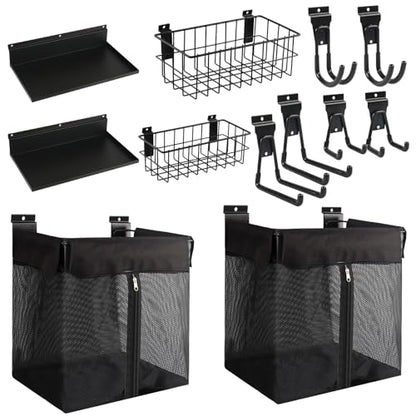 ZORUNNA Slatwall Baskets with Zipper, 6PCS Heavy-Duty Slatwall Hooks, 2PCS Metal Slat Wall Basket and 2PCS Slatwall Shelves Accessories, Wall Storage Organizer for Garage, Sports Gear, Toy, Laundry. - size: 16x15x11'+ 2*Metal Basket+ 2*Shelves